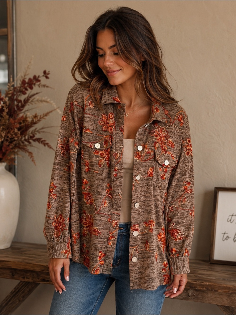 Figure & Flower Embroidered Floral Button-Up Shacket Jacket Size Large